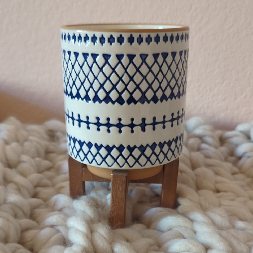 Blue and White Patterned Ceramic Planter